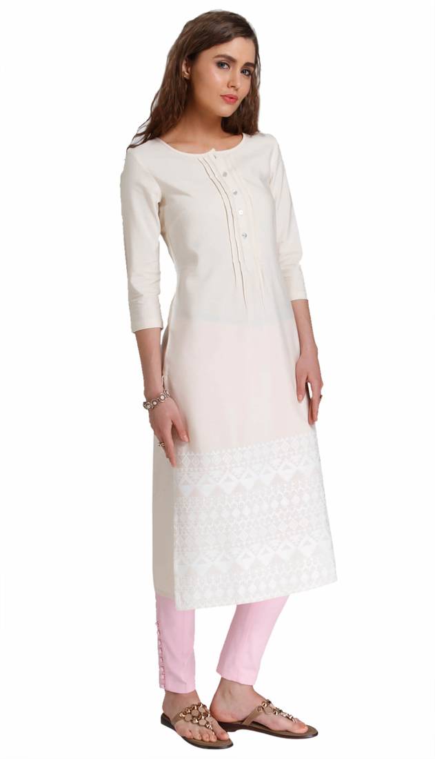 White Viscose Rayon embroidery Three Quarter Sleeves Round Neck stitched kurtas and kurtis