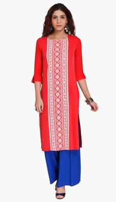 Red Viscose Rayon embroidery Three Quarter Sleeves Round Neck stitched kurtas and kurtis 1