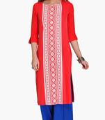 Red Viscose Rayon embroidery Three Quarter Sleeves Round Neck stitched kurtas and kurtis