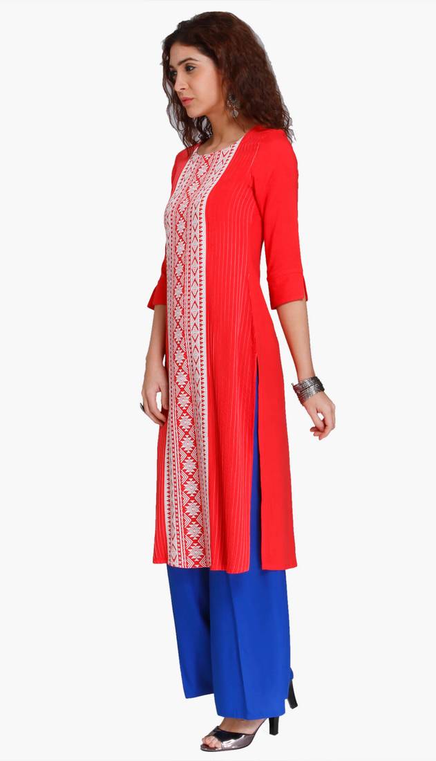 Red Viscose Rayon embroidery Three Quarter Sleeves Round Neck stitched kurtas and kurtis