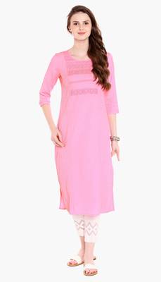 Pink Viscose Rayon Three Quarter Sleeves Round Neck stitched kurtas and kurtis 1