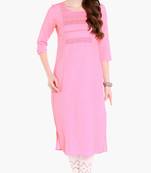 Pink Viscose Rayon Three Quarter Sleeves Round Neck stitched kurtas and kurtis
