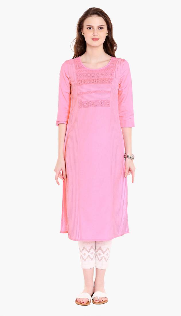 Pink Viscose Rayon Three Quarter Sleeves Round Neck stitched kurtas and kurtis