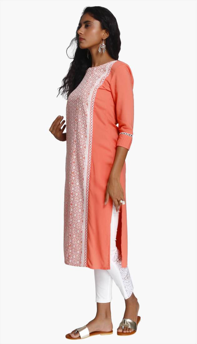 Coral Viscose Rayon Three Quarter Sleeves Round Neck stitched kurtas and kurtis