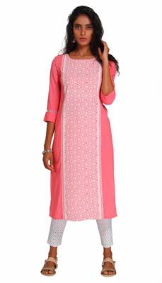 Pink Viscose Rayon Three Quarter Sleeves Round Neck stitched kurtas and kurtis 1