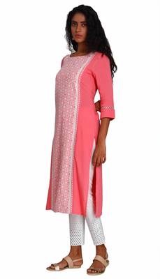 Pink Viscose Rayon Three Quarter Sleeves Round Neck stitched kurtas and kurtis 2