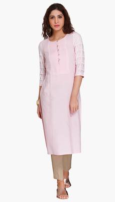 Pink Viscose Rayon embroidery Three Quarter Sleeves Round Neck stitched kurtas and kurtis 1