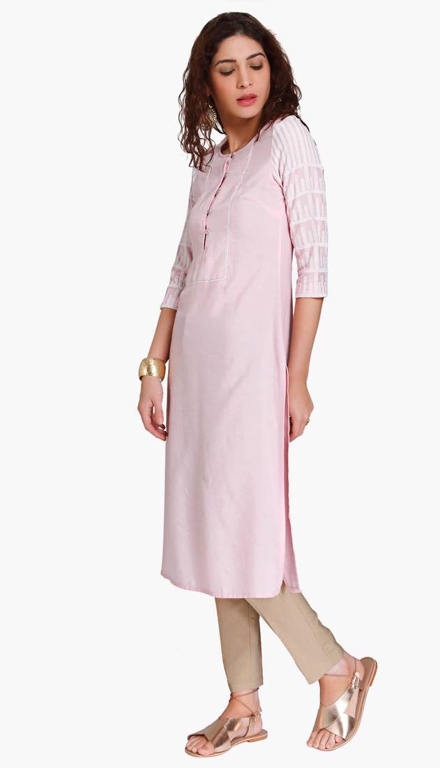 Pink Viscose Rayon embroidery Three Quarter Sleeves Round Neck stitched kurtas and kurtis