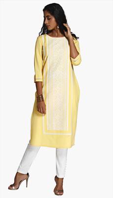 Yellow Viscose Rayon embroidery Three Quarter Sleeves Round Neck stitched kurtas and kurtis 1