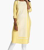 Yellow Viscose Rayon embroidery Three Quarter Sleeves Round Neck stitched kurtas and kurtis