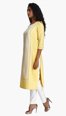 Yellow Viscose Rayon embroidery Three Quarter Sleeves Round Neck stitched kurtas and kurtis 2