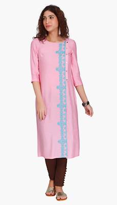 Pink Viscose Rayon embroidery Three Quarter Sleeves Round Neck stitched kurtas and kurtis 1