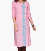 Pink Viscose Rayon embroidery Three Quarter Sleeves Round Neck stitched kurtas and kurtis