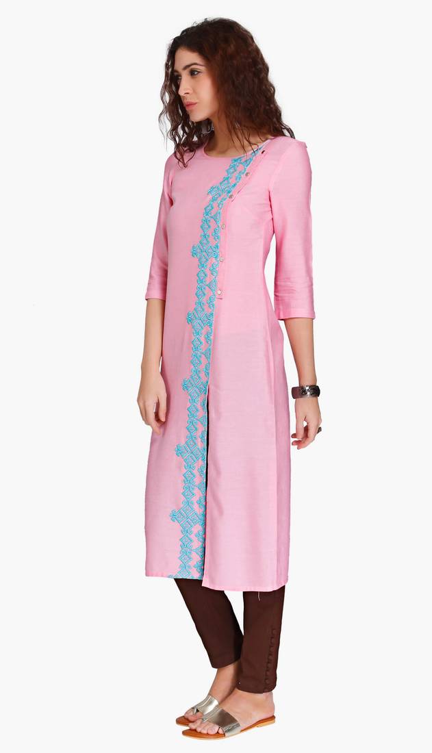 Pink Viscose Rayon embroidery Three Quarter Sleeves Round Neck stitched kurtas and kurtis