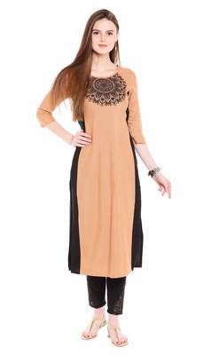 Beige Viscose Rayon embroidery Three Quarter Sleeves Round Neck stitched kurtas and kurtis 1