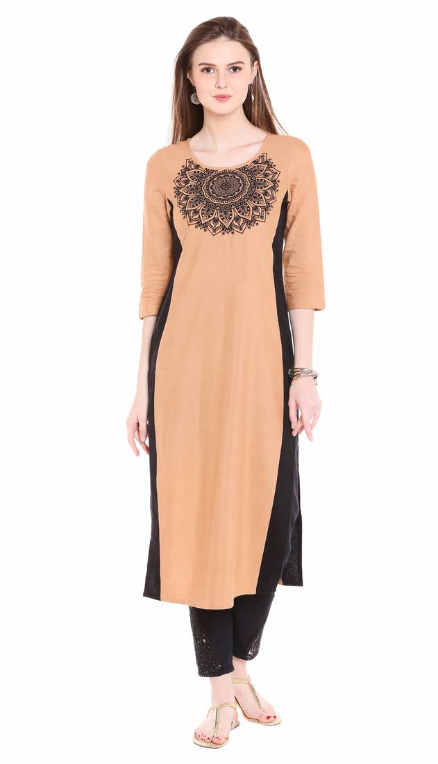 Beige Viscose Rayon embroidery Three Quarter Sleeves Round Neck stitched kurtas and kurtis