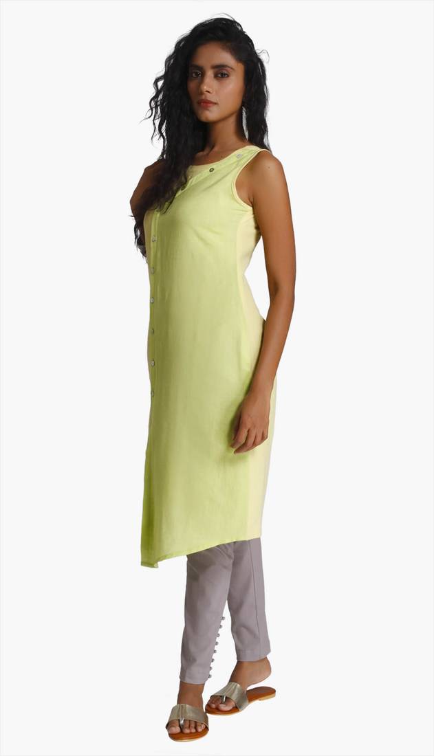 Yellow Viscose Rayon Sleeveless Round Neck stitched kurtas and kurtis