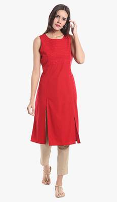 Red Viscose Rayon Sleeveless Round Neck stitched kurtas and kurtis 1