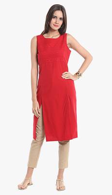 Red Viscose Rayon Sleeveless Round Neck stitched kurtas and kurtis 2