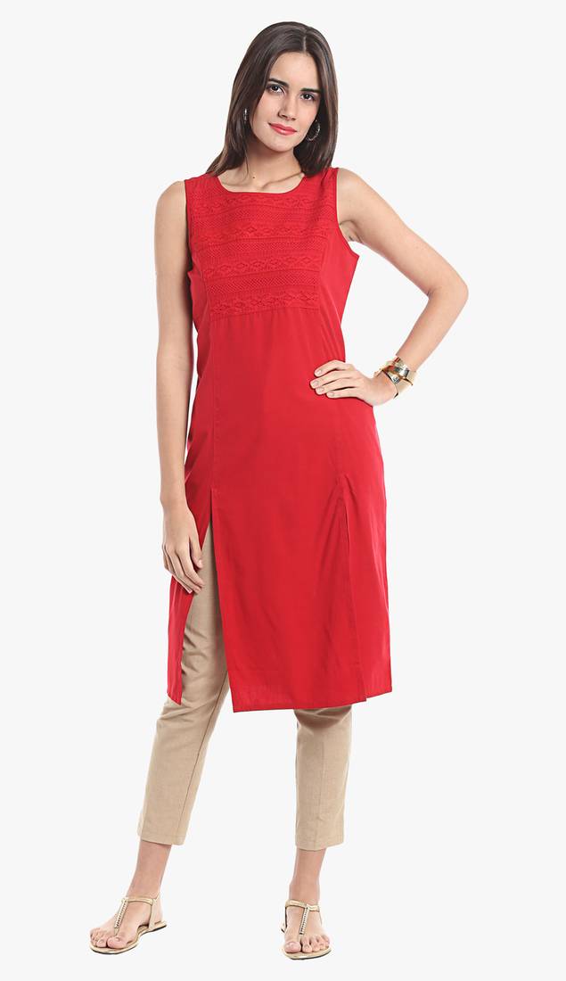 Red Viscose Rayon Sleeveless Round Neck stitched kurtas and kurtis