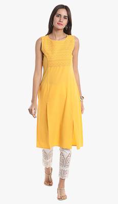 Yellow Viscose Rayon Sleeveless Round Neck stitched kurtas and kurtis 1