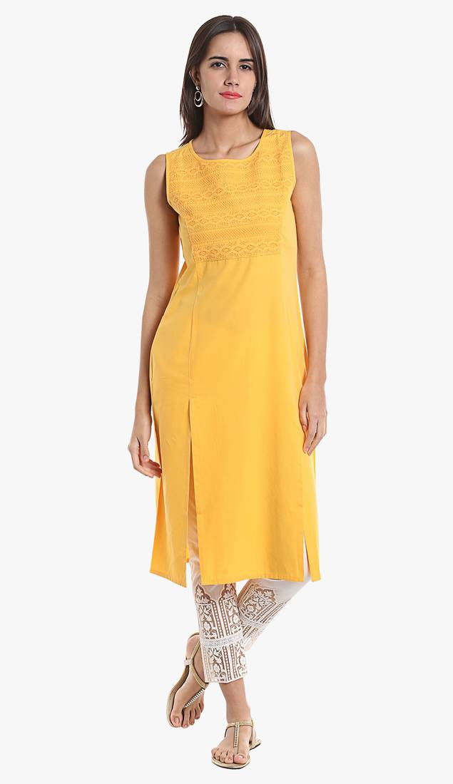 Yellow Viscose Rayon Sleeveless Round Neck stitched kurtas and kurtis