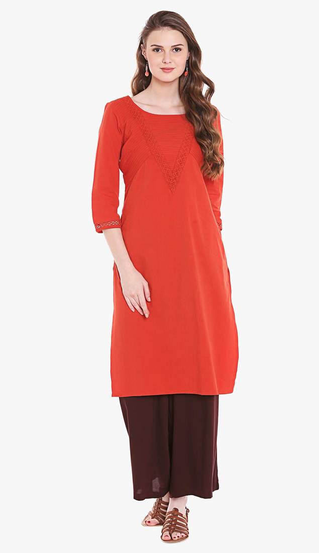 Rust Viscose Rayon Sleeveless Round Neck stitched kurtas and kurtis