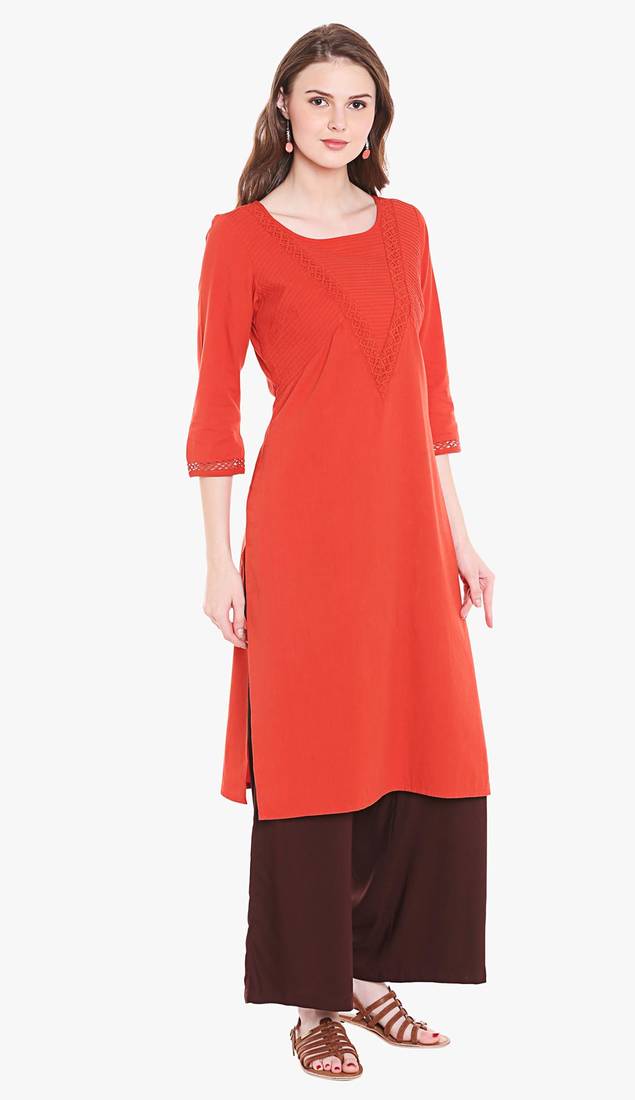 Rust Viscose Rayon Sleeveless Round Neck stitched kurtas and kurtis