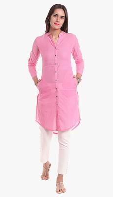 Pink Viscose Rayon Three Quarter Sleeves V Neck stitched kurtas and kurtis 1