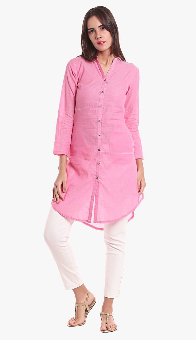 Pink Viscose Rayon Three Quarter Sleeves V Neck stitched kurtas and kurtis