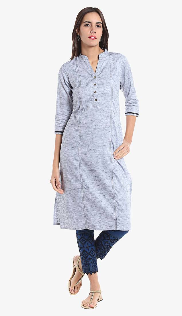 Blue Viscose Rayon Three Quarter Sleeves V Neck stitched kurtas and kurtis