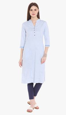 Blue Viscose Rayon Three Quarter Sleeves V Neck stitched kurtas and kurtis 1