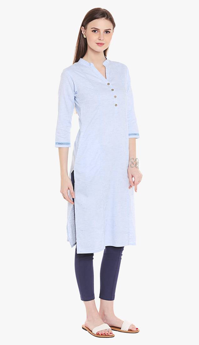 Blue Viscose Rayon Three Quarter Sleeves V Neck stitched kurtas and kurtis