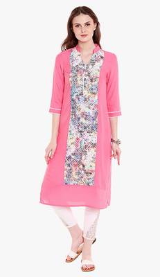 Pink Viscose Rayon embroidery Three Quarter Sleeves V Neck stitched kurtas and kurtis 1