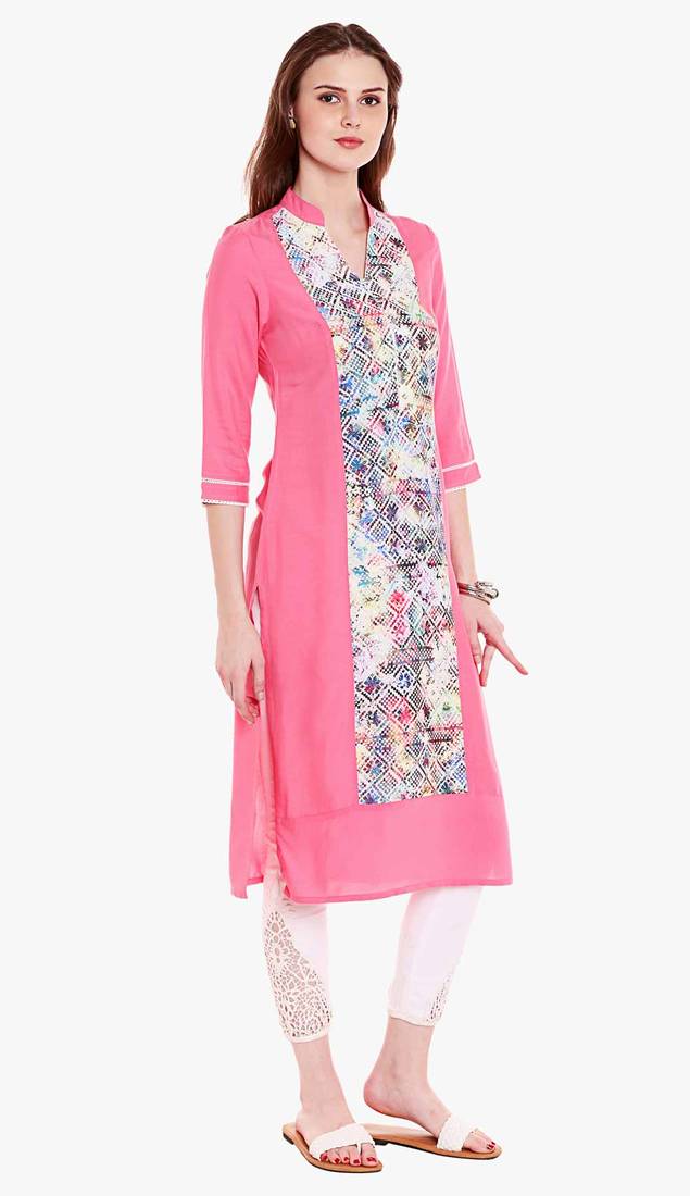 Pink Viscose Rayon embroidery Three Quarter Sleeves V Neck stitched kurtas and kurtis
