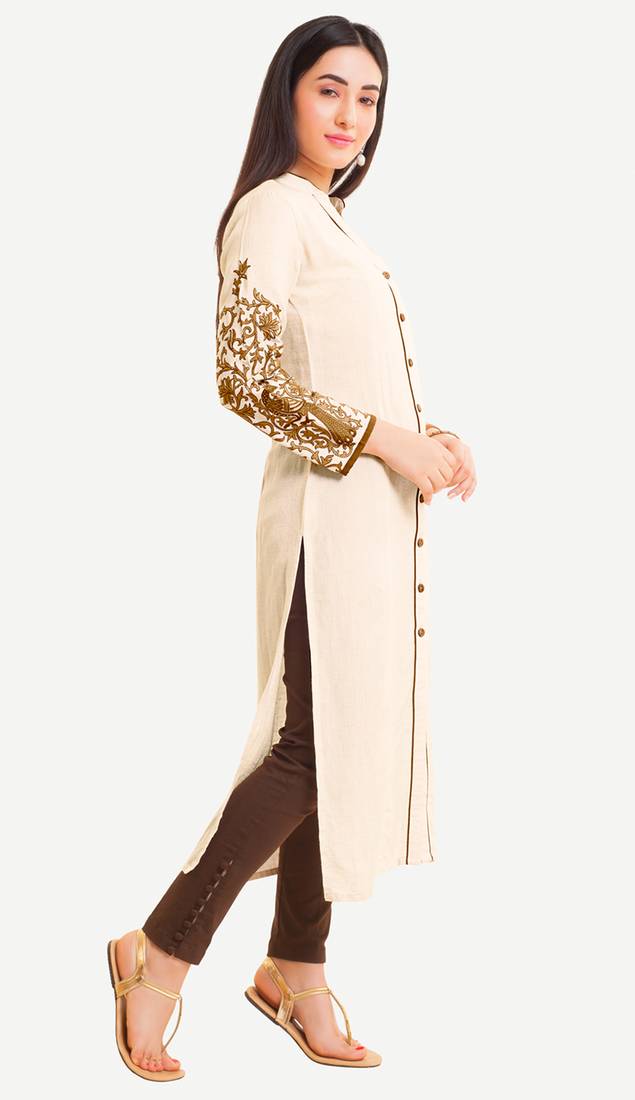 White Viscose Rayon Three Quarter Sleeves V Neck stitched kurtas and kurtis