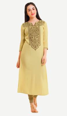 Yellow Viscose Rayon embroidery Three Quarter Sleeves V Neck stitched kurtas and kurtis 1