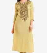 Yellow Viscose Rayon embroidery Three Quarter Sleeves V Neck stitched kurtas and kurtis
