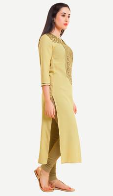 Yellow Viscose Rayon embroidery Three Quarter Sleeves V Neck stitched kurtas and kurtis 2