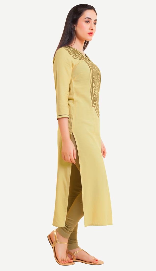 Yellow Viscose Rayon embroidery Three Quarter Sleeves V Neck stitched kurtas and kurtis