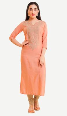 Peach Viscose Rayon embroidery Three Quarter Sleeves V Neck stitched kurtas and kurtis 1