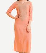Peach Viscose Rayon embroidery Three Quarter Sleeves V Neck stitched kurtas and kurtis