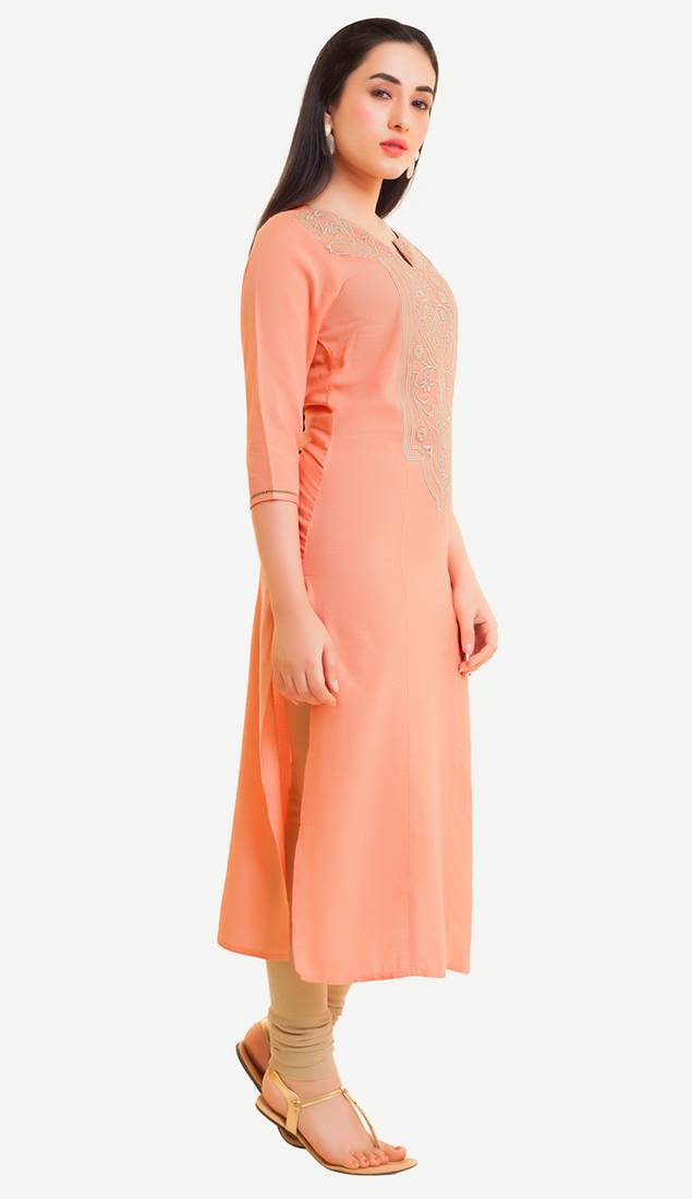 Peach Viscose Rayon embroidery Three Quarter Sleeves V Neck stitched kurtas and kurtis