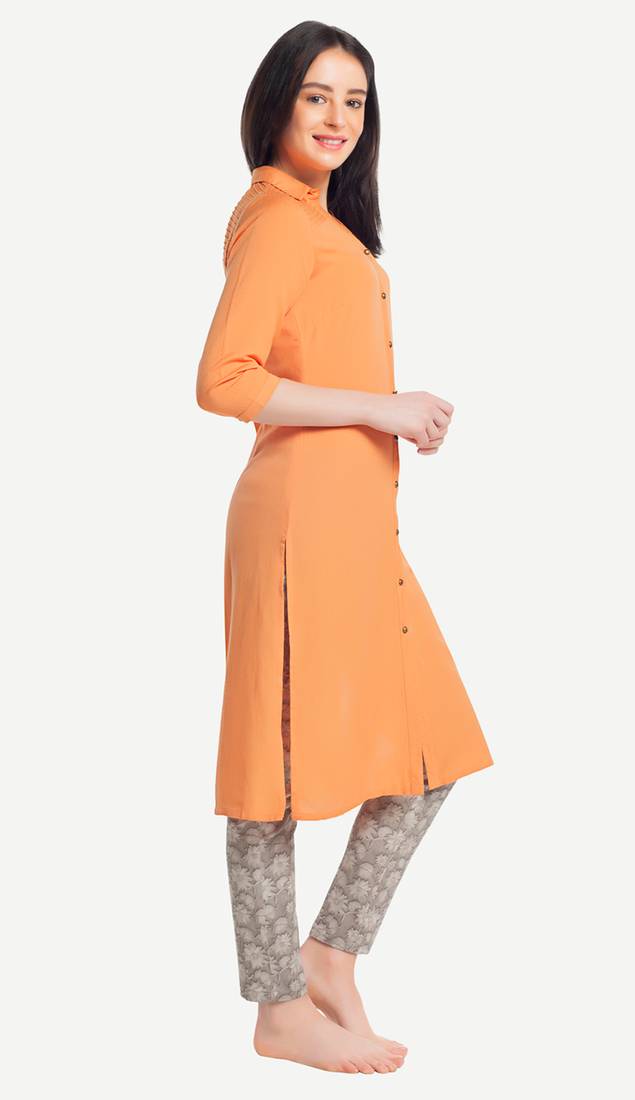 Orange Viscose Rayon Three Quarter Sleeves V Neck stitched kurtas and kurtis