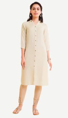 White Viscose Rayon Three Quarter Sleeves V Neck stitched kurtas and kurtis 1