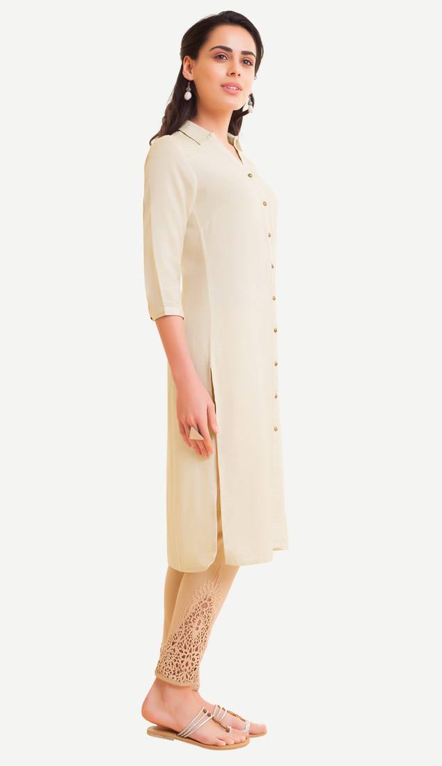 White Viscose Rayon Three Quarter Sleeves V Neck stitched kurtas and kurtis