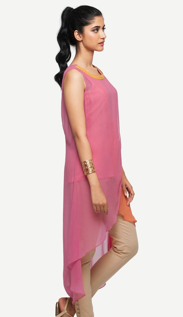 Pink Viscose Rayon embroidery Sleeveless Round Neck stitched kurtas and kurtis