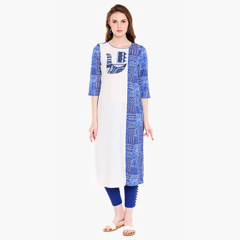 Blue Viscose Rayon Three Quarter Sleeves Round Neck stitched kurtas and kurtis