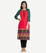 Red Viscose Rayon Three Quarter Sleeves Round Neck stitched kurtas and kurtis
