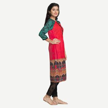 Red Viscose Rayon Three Quarter Sleeves Round Neck stitched kurtas and kurtis 2